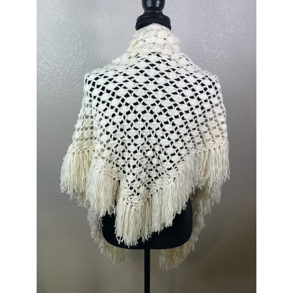 Handmade Womens Free Size Crochet Shawl Cream Ivory Fringe Wrap Boho Shell Knit